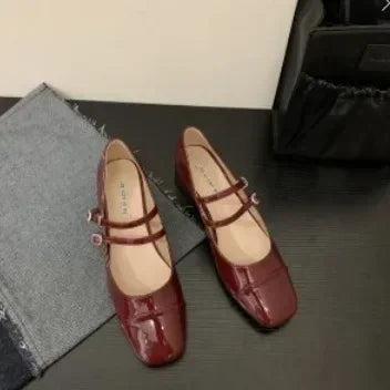 LBSFY  -Women's Fashion Mary Janes Shoes Autumn Sliver Leather Buckle Mid-heels Dress Shoes Women Square Toe Shallow Chunky Heels Shoes