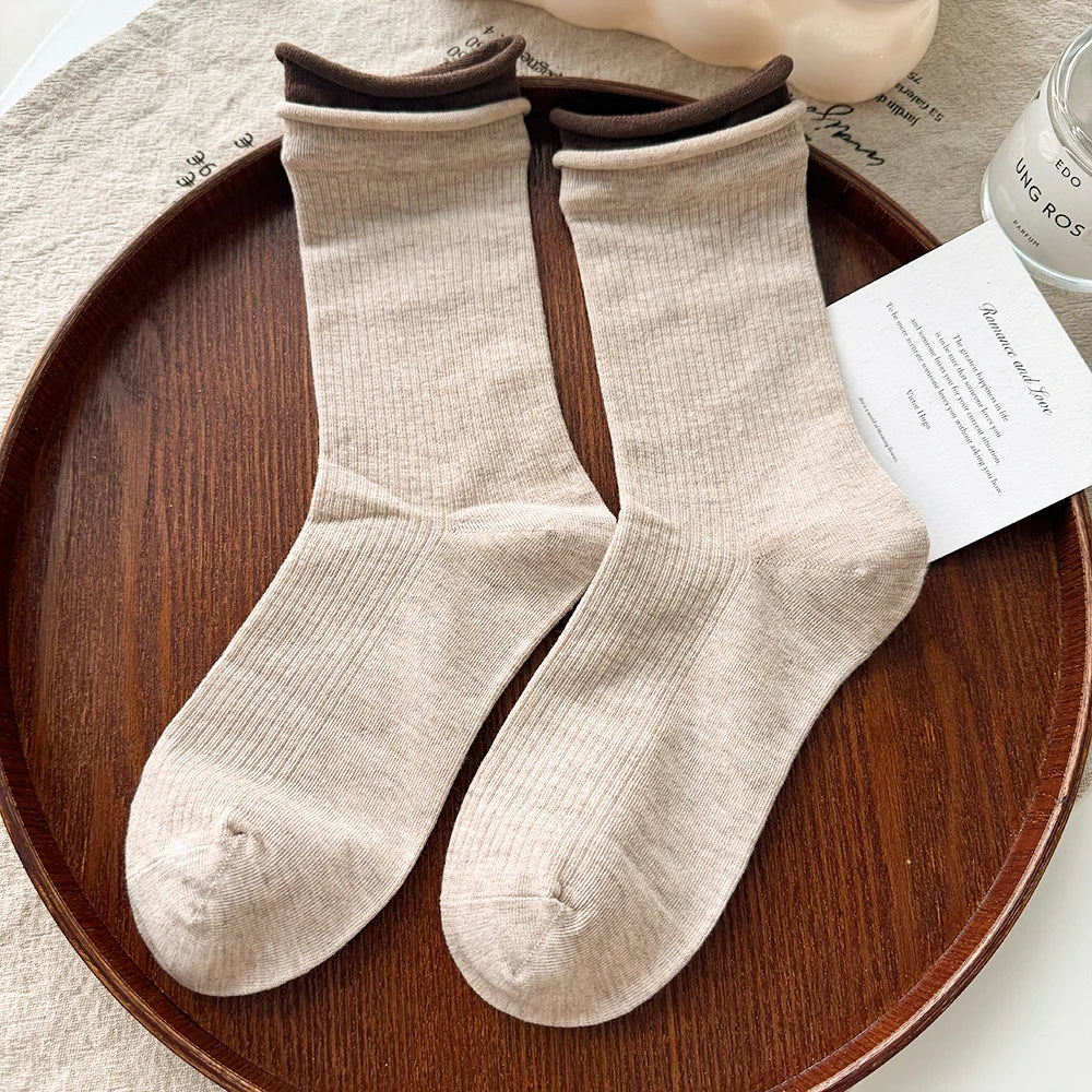 Lbsfy Autumn Winter Women's Tube Pile Socks Pure Cotton Double-layer Rolled Edge Y2K Trendy Sock Vertical Striped Cotton Female Socks