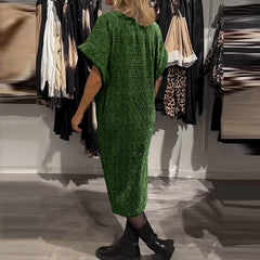 LBSFY  -  Women's Sexy V-neck Short Sleeve Midi Dress Elegant Twist Bright Silk Solid Party Dress Fashion Hight Waist Pleated A-Line Dress