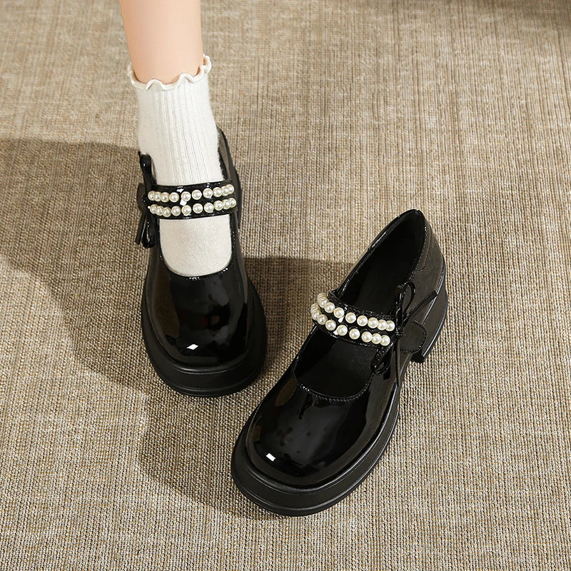 LBSFY -Vintage High Heels Mary Jane Shoes for Women 2025 Patent Leather Platform Pumps Woman Pearls Thick-Heeled Shoes Female