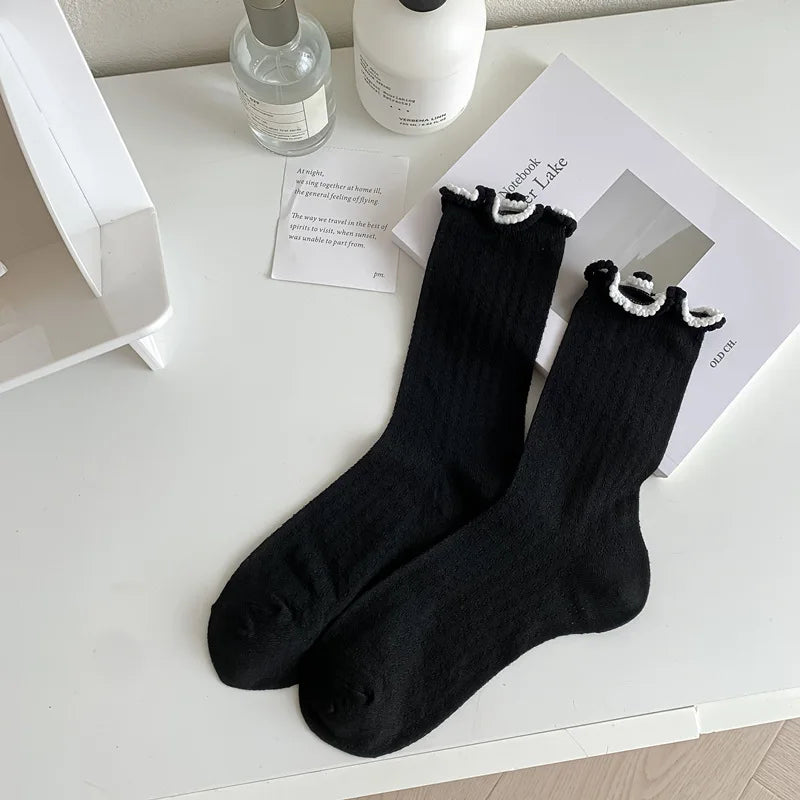 Lbsfy 4 Pairs Women's Lettuce Trim Socks Cute Bow Embroidery Breathable Socks Ankle Length Stacked Socks for Summer Streetwear