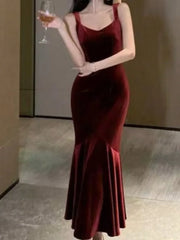 LBSFY -Vintage Elegant Wine Red Long Mermaid Dresses Fashion Women's V-Neck Solid Slim Waist Evening Party Sling Robe New 2025 Summer