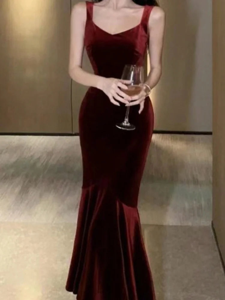 LBSFY -Vintage Elegant Wine Red Long Mermaid Dresses Fashion Women's V-Neck Solid Slim Waist Evening Party Sling Robe New 2025 Summer