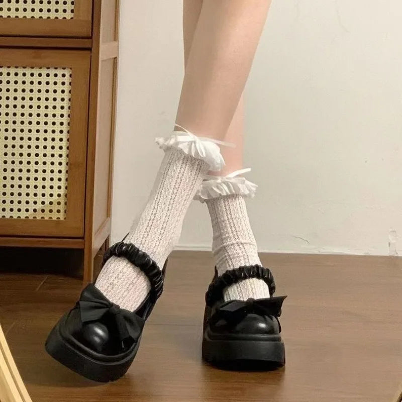 LBSFY -Japanese Style bowknot JK Thick Heel Mary Jane Women's Shoes Summer Vintage French Slip-On PU Leather Chunky Cosplay Pumps