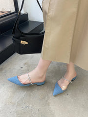 LBSFY  -  Pointed Toe Women Sandals Slides Slippers Black Blue Silver Rhinestone Chain Summer Outside Mules Shoes Thick Flat Heeled 43
