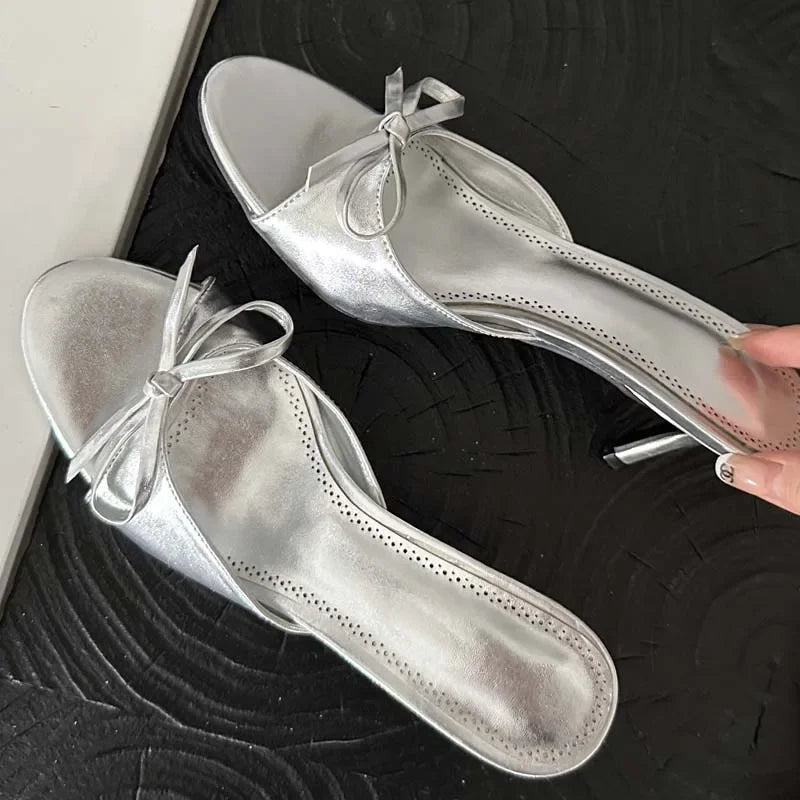 LBSFY -Summer Pink Butterfly-knot Woman Slippers Elegance Stripper Thin Low Heels Ladies Mules Slides Shoes