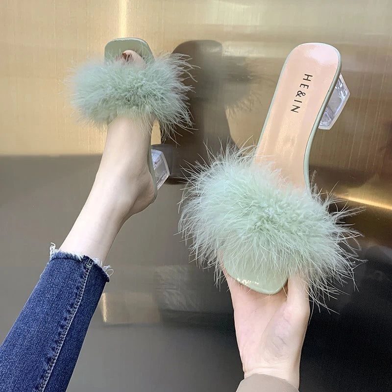 LBSFY -Fashion Slippers Women's Summer New Open Toe Plush Fox Fur Chunky with Flip Flops Sexy Home Banquet Square Toe Simple Pumps