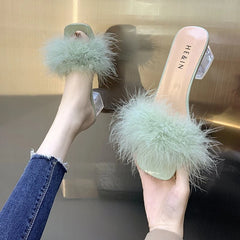 LBSFY -Fashion Slippers Women's Summer New Open Toe Plush Fox Fur Chunky with Flip Flops Sexy Home Banquet Square Toe Simple Pumps