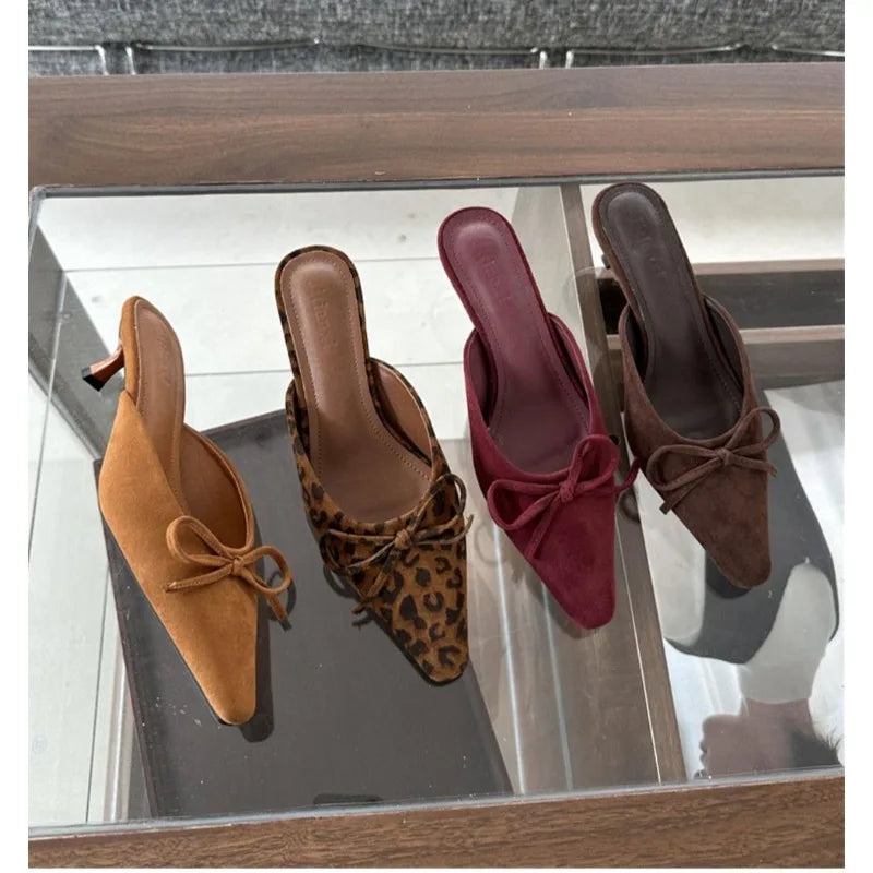 LBSFY -Women Baotou High Heel Half Slippers French Bow Sexy Commuter Pointed Shallow Mouler Shoes Stripper Mules Shoes High Heel Shoes