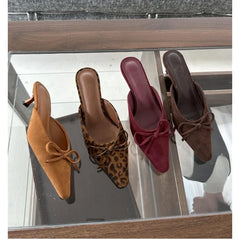 LBSFY -Women Baotou High Heel Half Slippers French Bow Sexy Commuter Pointed Shallow Mouler Shoes Stripper Mules Shoes High Heel Shoes