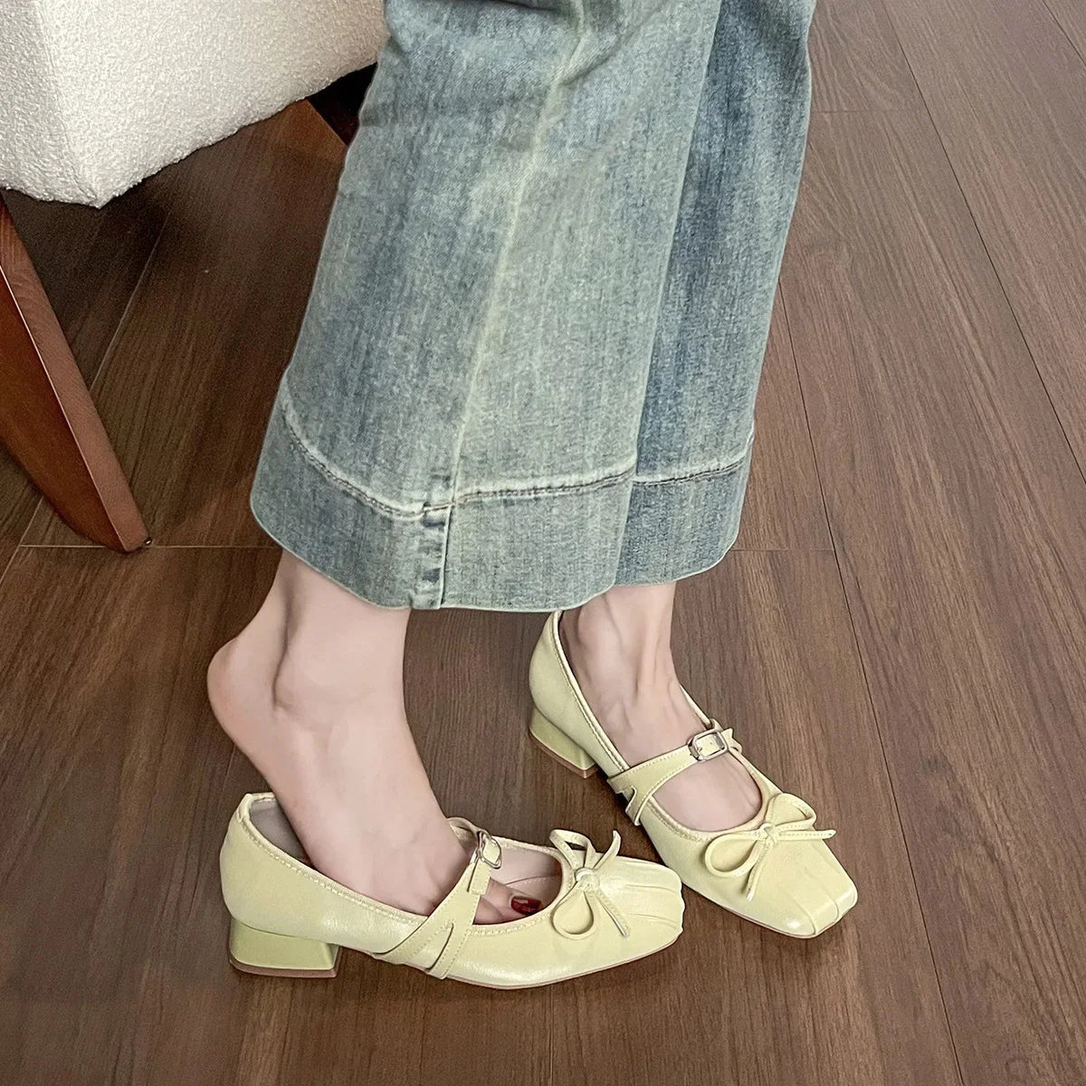 LBSFY -French Style Mary Jane Shoes Women's Evening Wind Butterfly Knot One Strap Ballet Flat Mid Heel Leather Casual Shoes