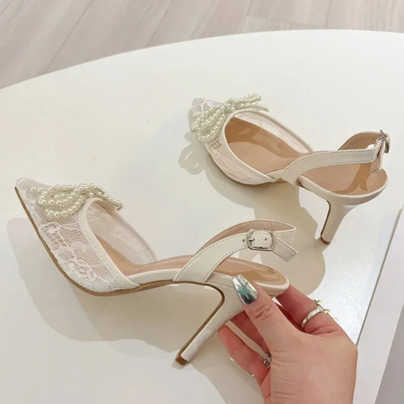 Lbsfy Lace String Bead Thin High Heels Women Pointed Toe Bowknot Party Dress Shoes Hollow Breathable Mesh Slingbacks Sandals Women
