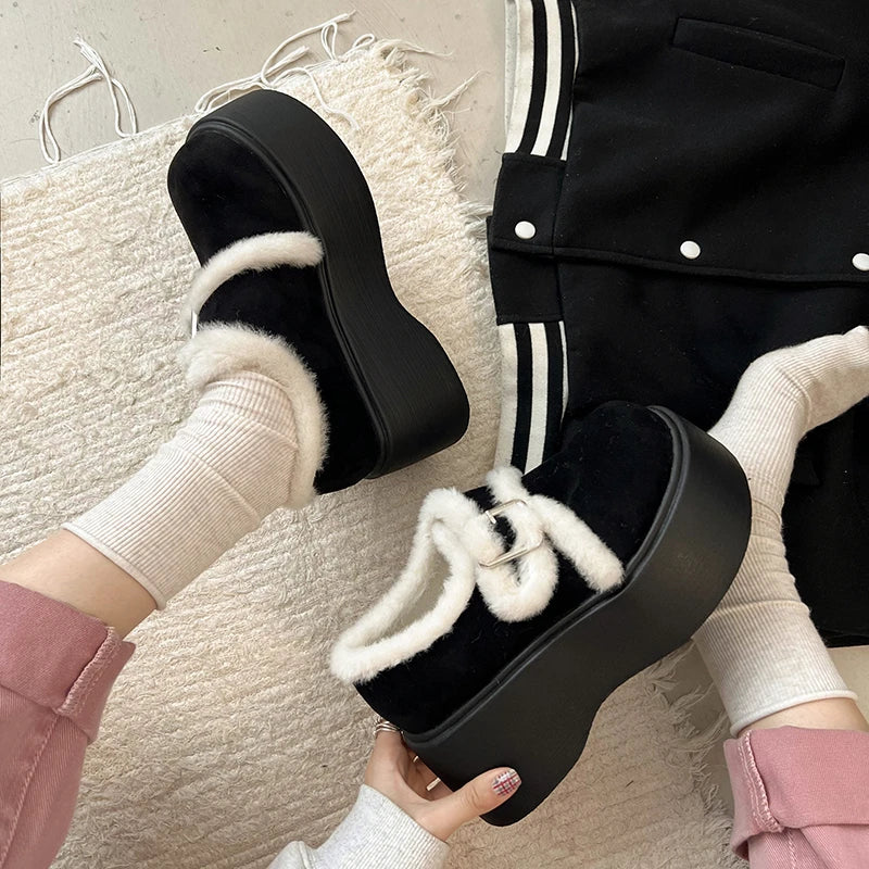 LBSFY  -  Winter Warm Fur Women Mary Jane Shoes Fashion Slip On Shoes Concise Platform Flats Cotton Shoes