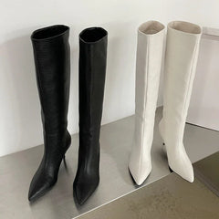 LBSFY -Sexy Gingham Pointed Toe Women Knee-High Boots High Quality Party Dress Modern Long Booties Thin Low Heels Shoes