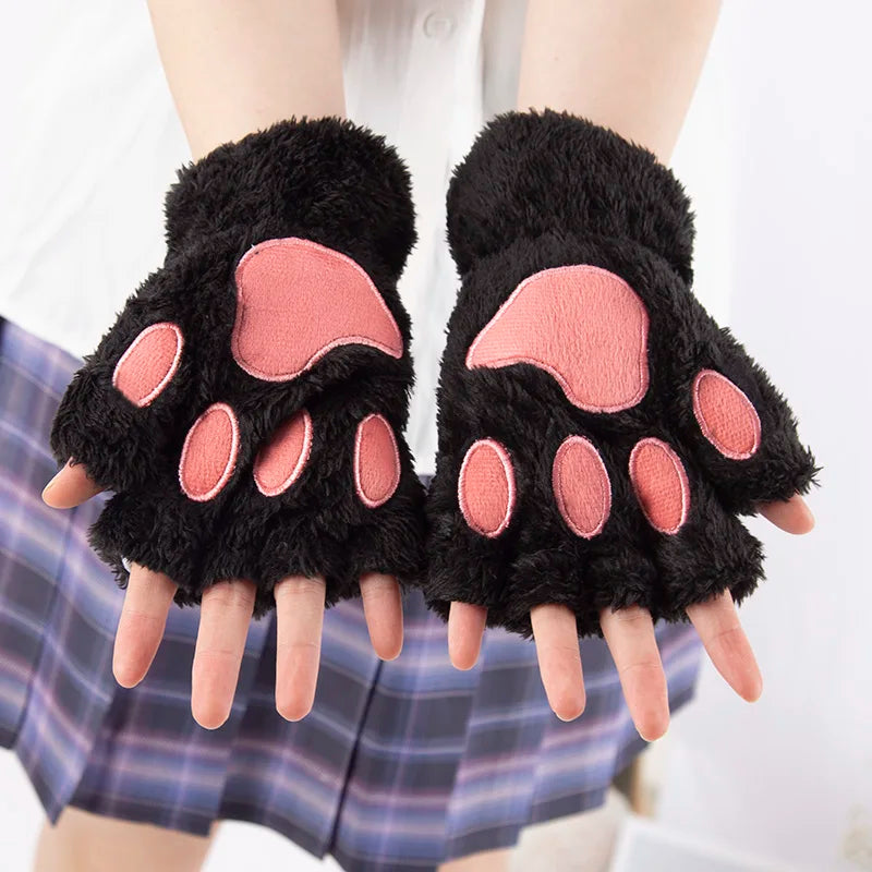Lbsfy 1Pair Winter Gloves Women Bear Plush Cat Paw Claw Cute Kitten Fingerless Mittens Christmas Halloween for Girls Gift Gloves