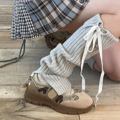 Lbsfy Korean Bow Tie Strap Knitted Leg Socks Y2K Leg Warmers Long Calf Covers Punk Japanese JK Pile Socks Stockings Stacked Socks