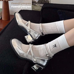 LBSFY -French Silver Mary Jane High Heels Women's Shoes Spring Summer New Style Square Head Thick Heel Buckle Strap High Heels