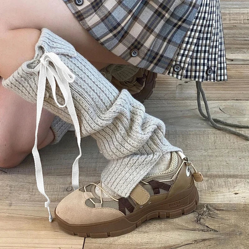 Lbsfy Korean Bow Tie Strap Knitted Leg Socks Y2K Leg Warmers Long Calf Covers Punk Japanese JK Pile Socks Stockings Stacked Socks