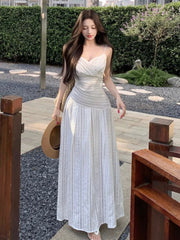 LBSFY -French Vintage Fashion Women's Sling Dresses 2025 New Summer V-Neck Slim Waist Spaghetti Strap Long Dress Casual Holiday Robe