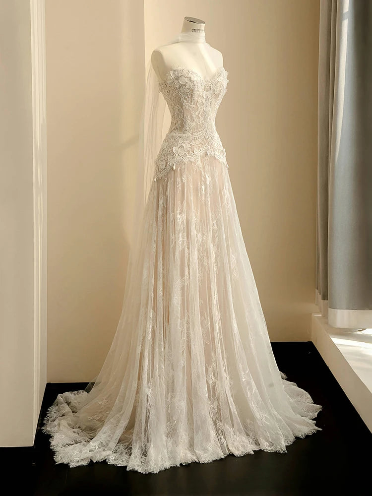 LBSFY -Strapless Wedding Dresses Sleeveless Luxury Lace Wedding Gown With Court Train Claccis A-line Brides Wedding Dresses Customized