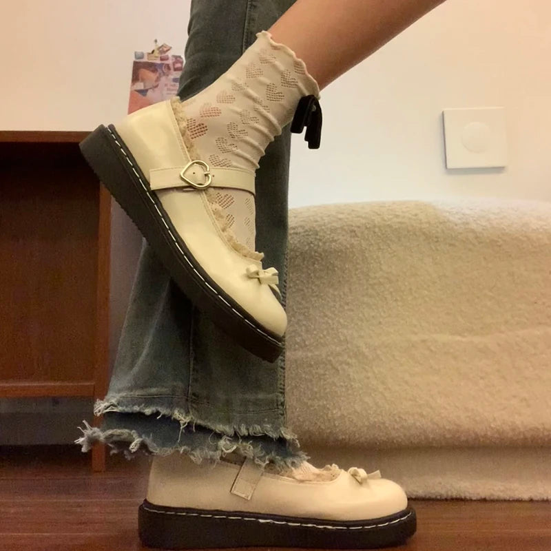 LBSFY -Butterfly-knot Lolita Women Leather Shoes Shallow Round Toe Ladies Concise Outdoor College Style Mary Jane Shoes