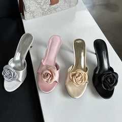 LBSFY -Summer Fashion Flower Woman Slippers Thin Low Heels Party Stripper Ladies Mules Slides Zapatos Mujer