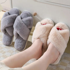 LBSFY  -  Fashion Cross Strap Fur Slippers Women Comfort Soft Long Plush Winter House Slides Woman Peep Toe Faux Fur Warm Cotton Slippers