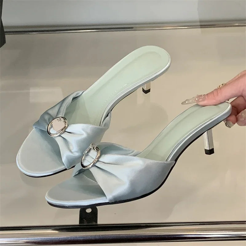 LBSFY -Summer Silk CRYSTAL Woman Slippers Fashion Open Toe Thin Low Heels Shoes Stripper Party Slides Zapatos De Mujer