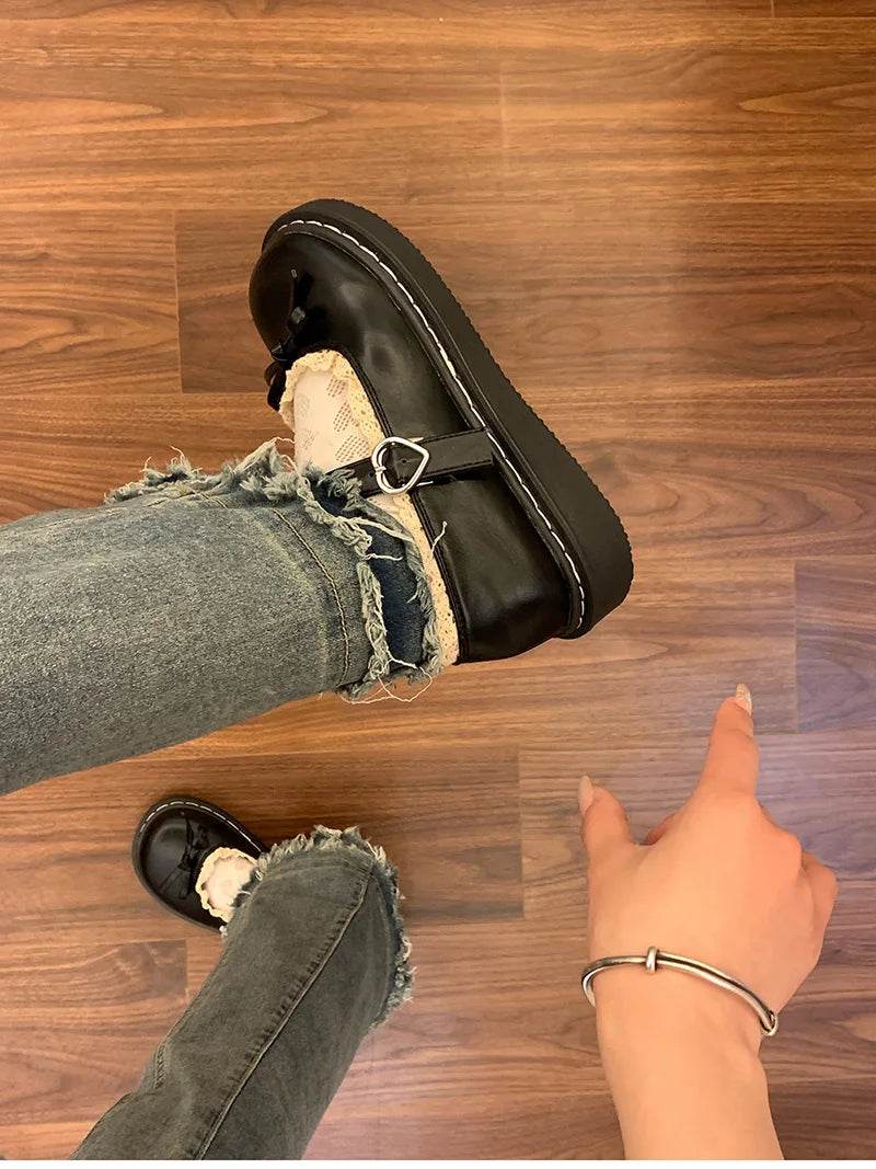 LBSFY -Butterfly-knot Lolita Women Leather Shoes Shallow Round Toe Ladies Concise Outdoor College Style Mary Jane Shoes