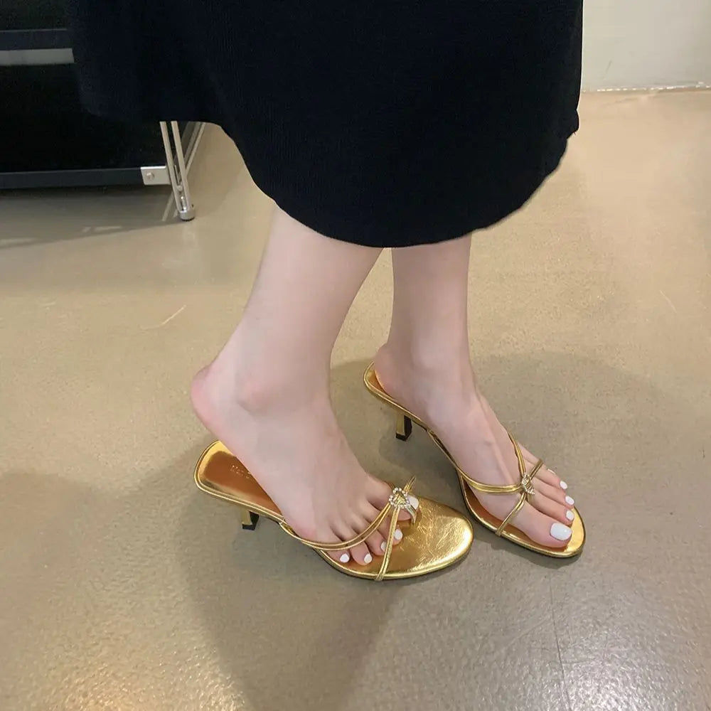 LBSFY  -  Fashion Women Slippers Summer Dress Shoes Thin High Heels Black Gold Silver Shallow Slip On Rhinestone Buckle Slippers Pumps