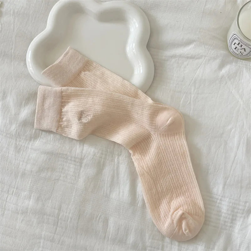 Lbsfy Women's Socks Mid-tube Spring Summer White Thin JK Solid Colors Harajuku Fashion Kawaii Girls Ballet Hollowed-out Bow Socks