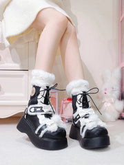 LBSFY  -  Sweet Cute Lolita Women's Round Toe Snow Boots Autumn and Winter Fleece-lined Bow Lace-up Platform Ankle Boots for Ladies