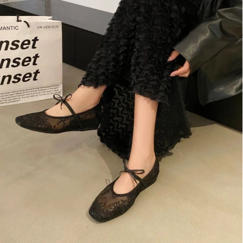 LBSFY -Mesh lace inner heightening women's shoes 2025 summer new sexy square head shallow breathable ballet shoes bow flat shoes