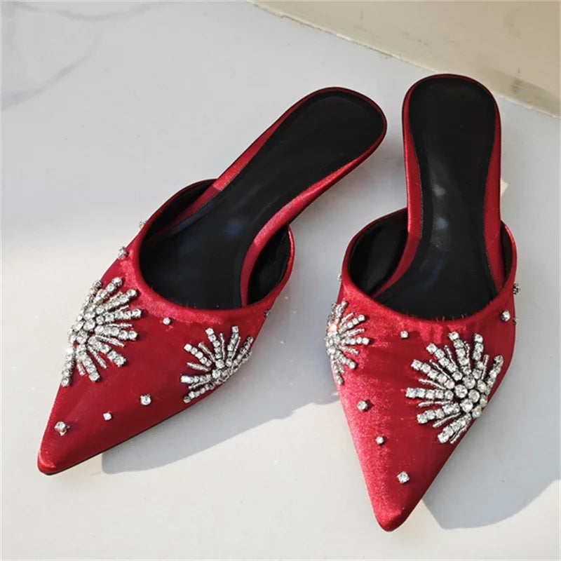 LBSFY  -  Fashion Crystal Diamond Pointed Toe Mules Women Slippers Elegant Thin Low Heels Casual Dress Shoes Large Size 35-43