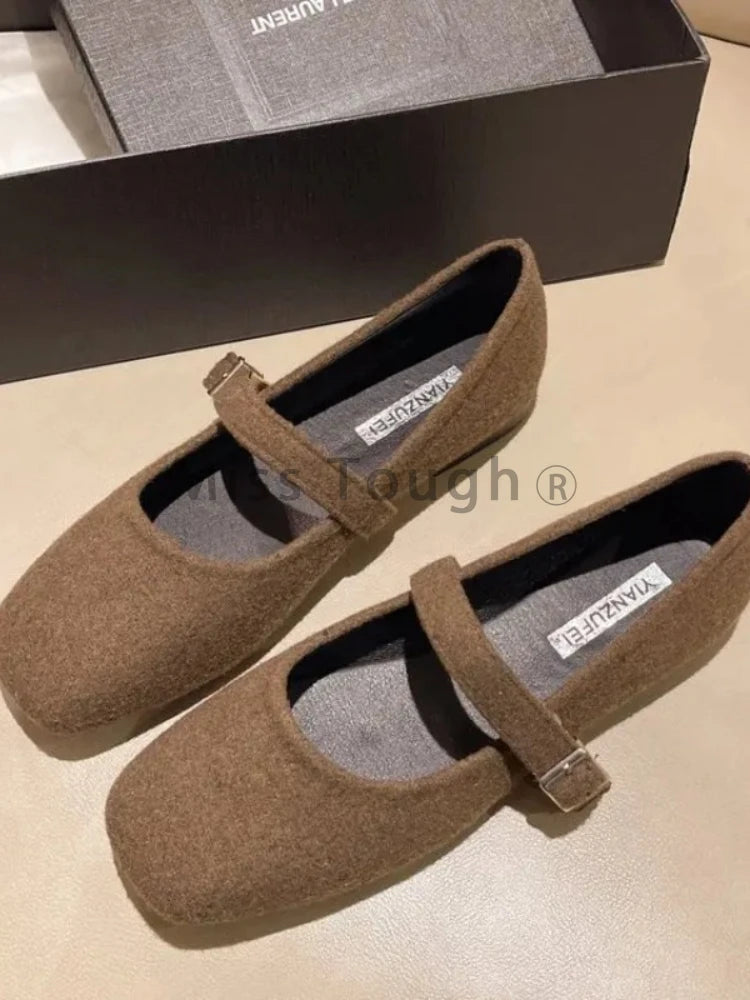 LBSFY  -  Solid Chic Women‘s Felt Mary Janes Shoes Square Toe Ballet Flats Female New Fashion Buckle Strap Ladies Shoes Spring Autumn