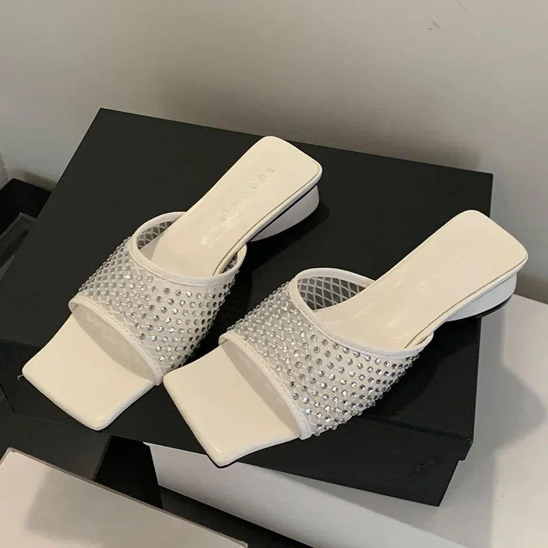 Lbsfy Summer NEW Mesh Breathable Slippers Women Rhinestone Square Toe Slides Female Footwear Fashion Sandals Ladies Zapatos De Mujer