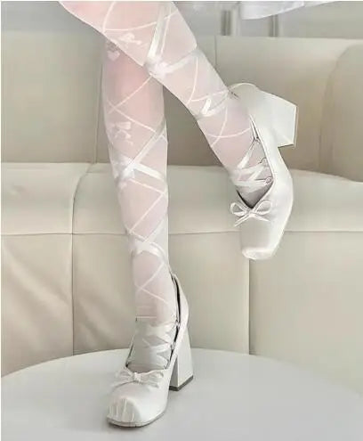 LBSFY  -  New Girls Light Blue Pink Beige Black Silk Cross Tied Bow Tie Front Square Toe Shallow Slip On Lace Up Lolita Pumps Ballet Shoes