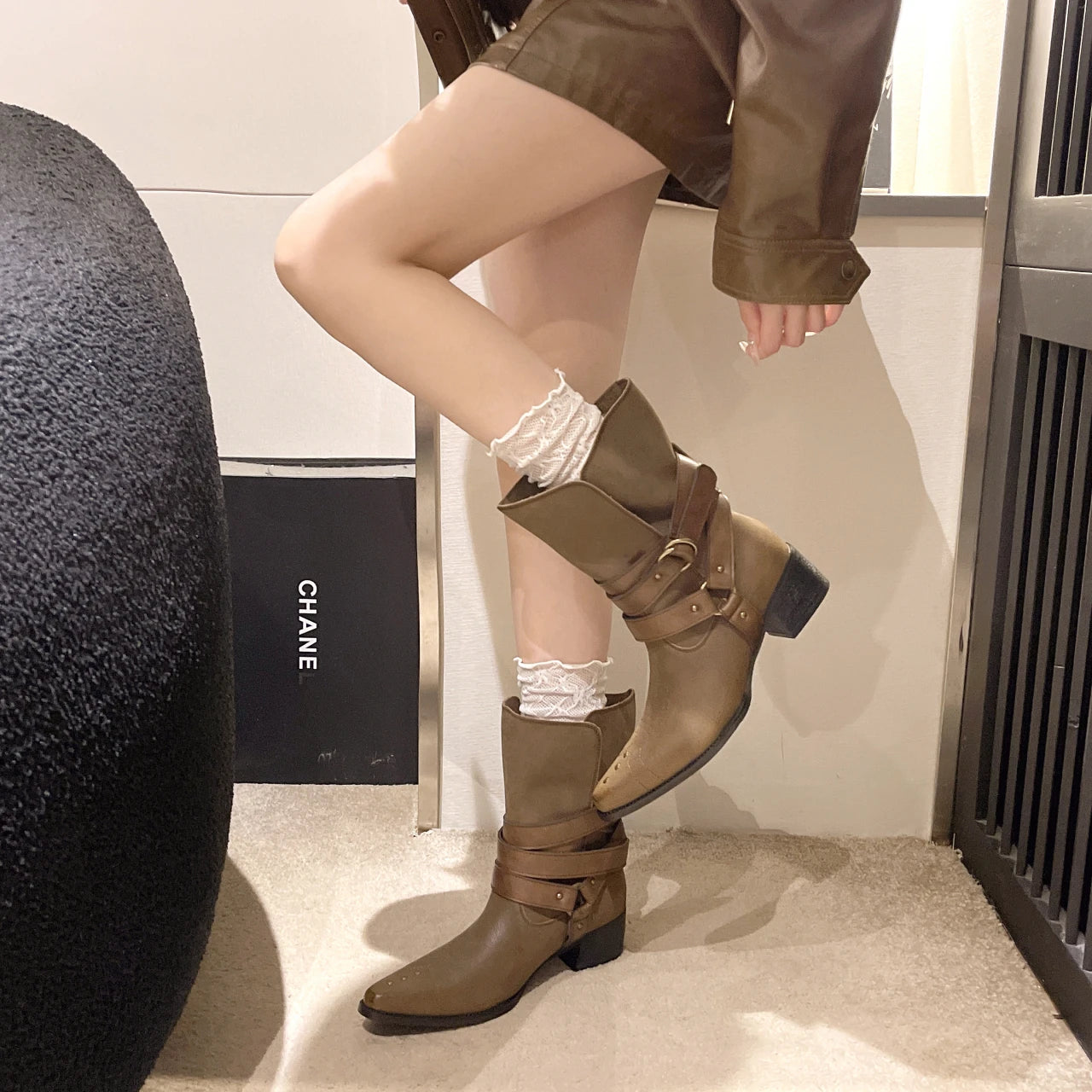 LBSFY -New Style Fashion Women's Winter Pointed Toe Western Ankle Boots Women Square Heels Goth Short Booties Buckle Strap Casual Shoes