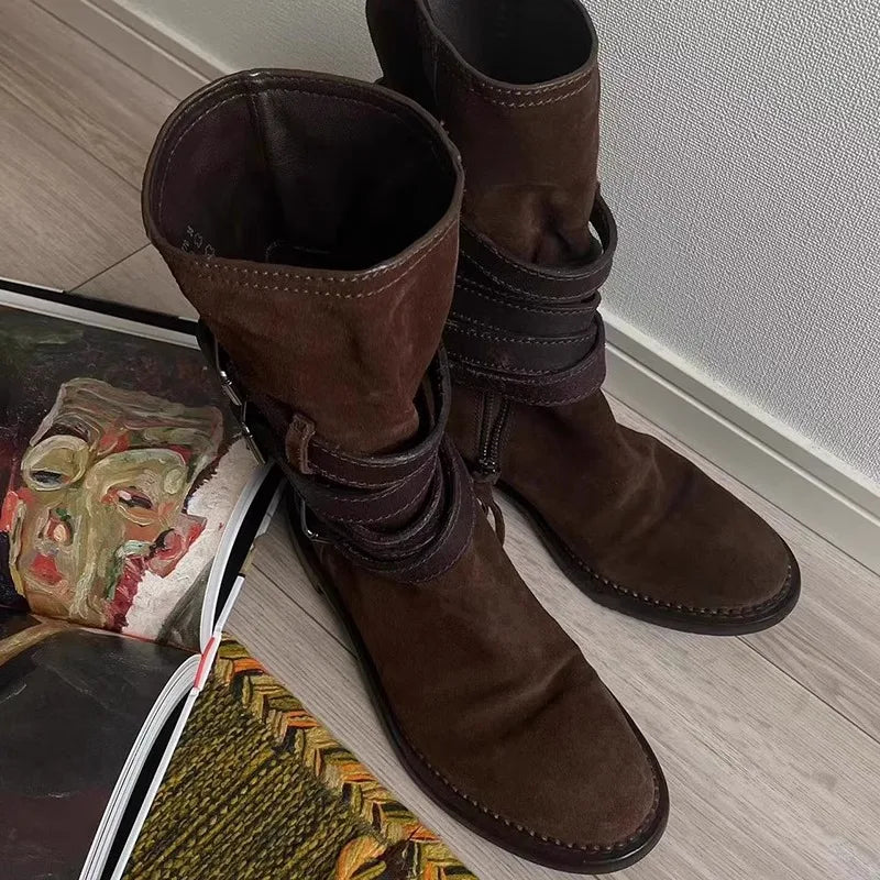 LBSFY  -  Suede Leather Mid-Calf Boots Women Round Toe Slip-On Short Boots Metal Belt Buckle Flat Shoes Motorcycle Boots Woman Botas Mujer