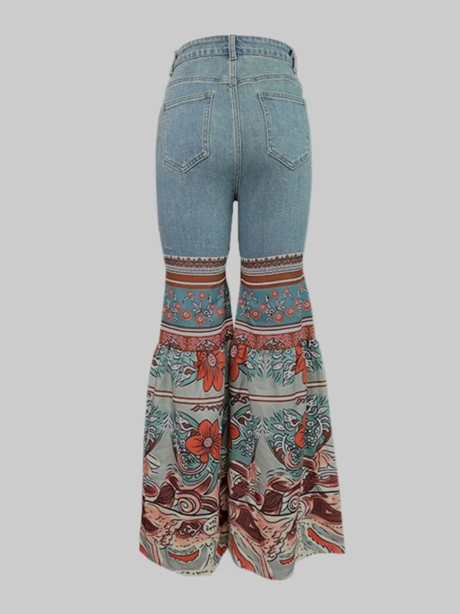 LBSFY  -  Floral Printed Patchwork Jeans for Women 2024 New High Waist Skinny Denim Pants Female Casual Streetwear Flared Pants