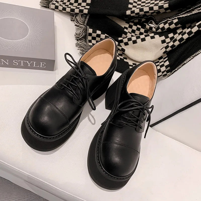 LBSFY  -  Fashion Pumps New High Quality True Leather Round Head Lace up Thick Sole High Heels Lolita Style Modern Women's Shoes