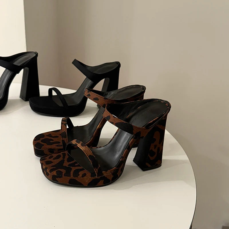 LBSFY  Summer Women Leopard Print Slippers Fashion Open Toe Thick High Heel Party Dress Slides Shoes