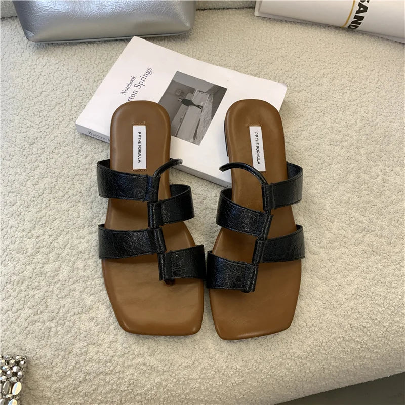 LBSFY  -Summer Casual Flat Sliper Square Toe Shoes Women Slip-On Beach Slides Soft Outdoor Sandals Mujer