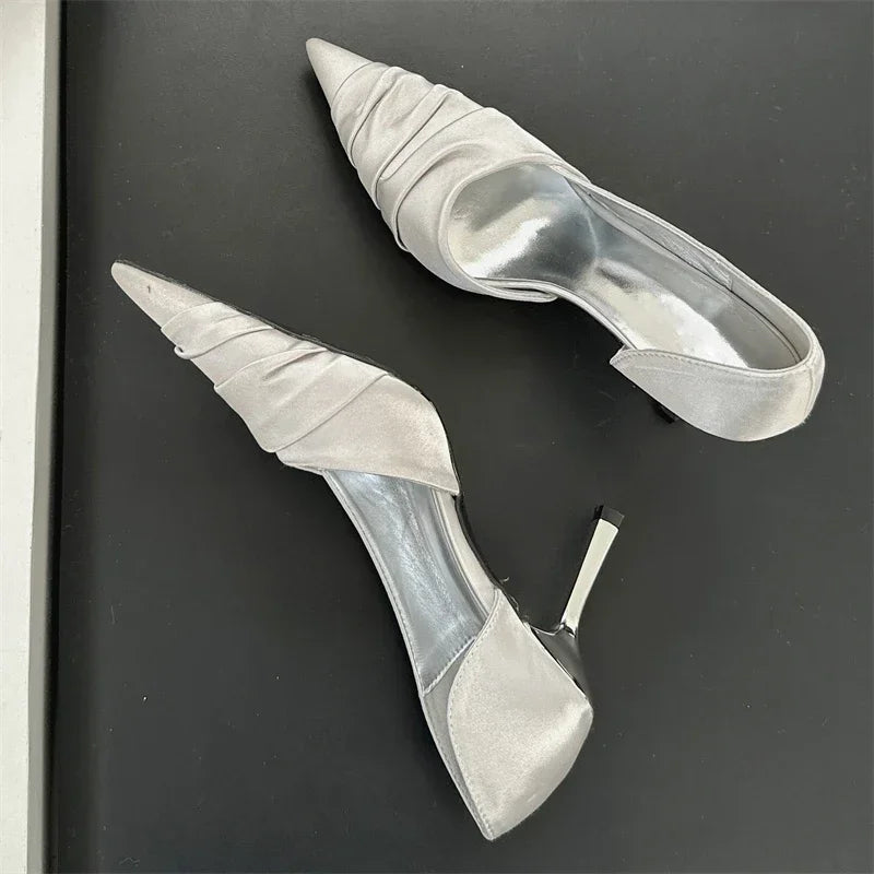 LBSFY -Design Style Pleated Shallow Pointed Toe Women Pumps Fashion Thin High Heels Party Dress Mule Female Shoes