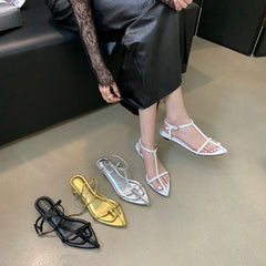 LBSFY  - Pointed Toe Women Sandals 2024 New Arrivals Fashion Outside T Strap Summer Casual Dress Shoes Woman Black/Gold/Silver Size 35-39