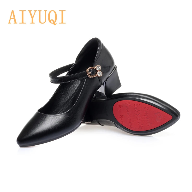 LBSFY  -  Women Spring Shoes Mid Heel 2025 Genuine Leather Women Commuter Shoes Round Toe Shallow Mouth Large Size 41 42 43 Women's Shoes
