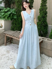 LBSFY -Women's French Fashion Elegant Long Dresses Summer Vintage V-Neck Single Breasted Slim Waist Dress 2025 New Basics Vestidos