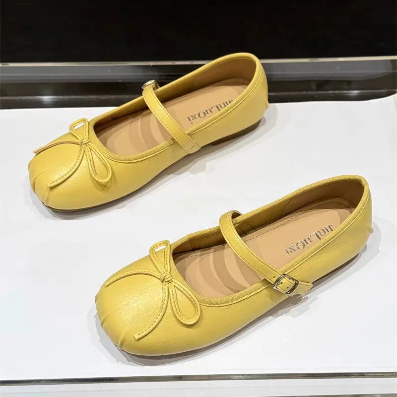 LBSFY -Women's 2025 Women's Flat Leather Shoes with Mary Jane's New Summer Style Pleated Bow All-match Single-layer Shoes