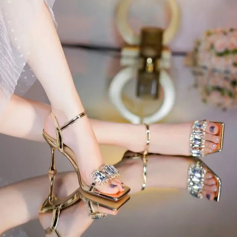 Lbsfy Luxury Diamond High Heels Women Summer Square Toe Shiny Crystal Sandals Woman Ankle Straps Elegant Party Pumps Women Shoes
