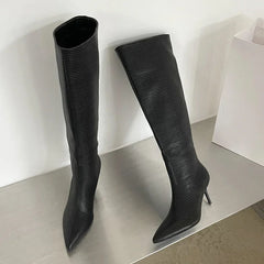 LBSFY -Sexy Gingham Pointed Toe Women Knee-High Boots High Quality Party Dress Modern Long Booties Thin Low Heels Shoes